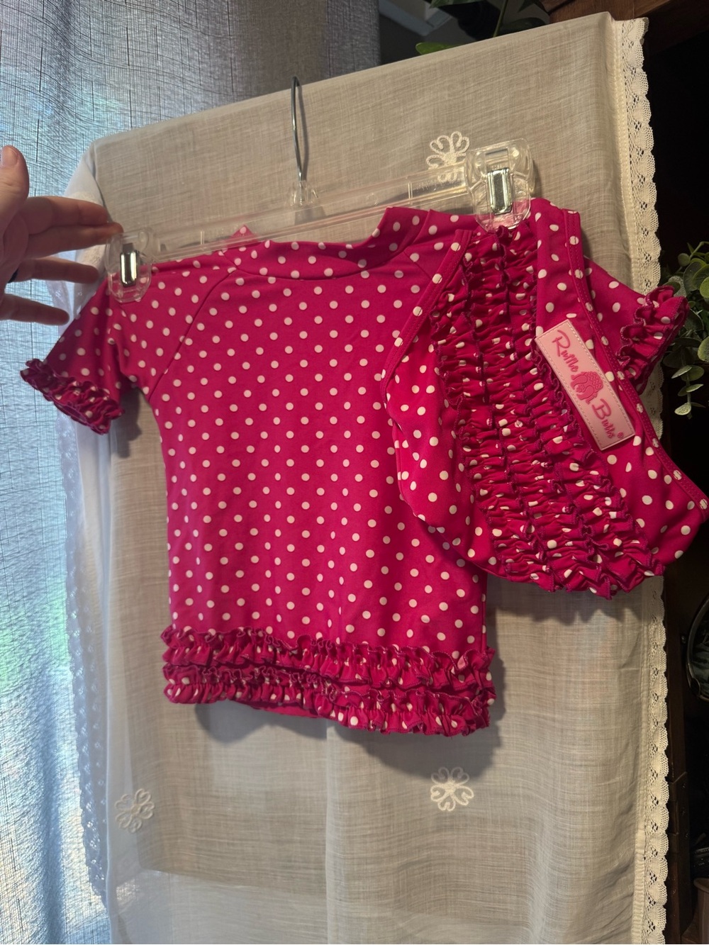 Ruffle Butts Hot Pink & White Polka Dot Ruffle Kids bathing suit Set